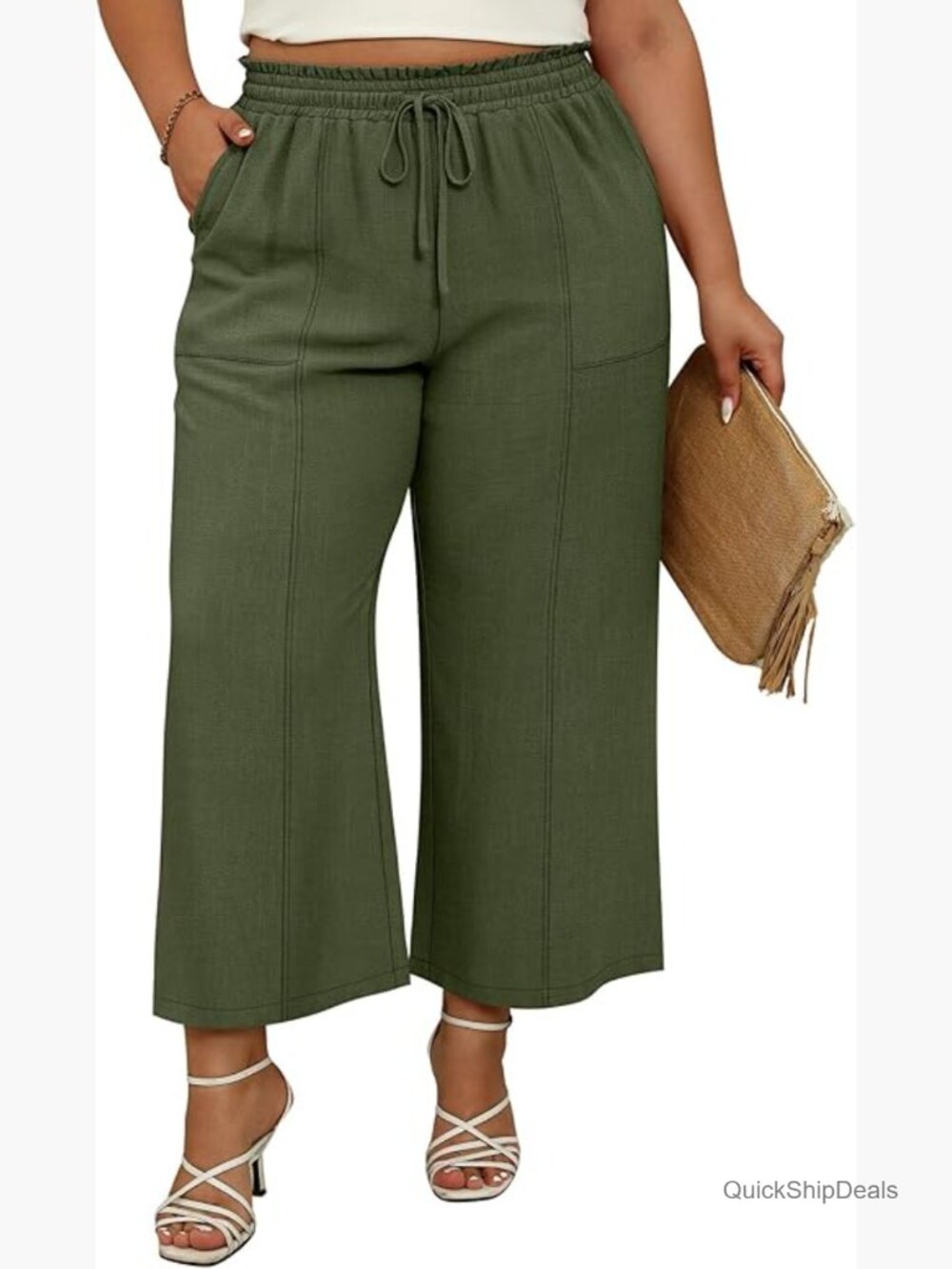 Linen Cropped Pants Wide Leg High Waist Casual Beach Trousers with Pockets